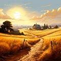 Countryside scene with golden fields stretching to the horizon.