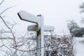 A countryside sign post that displays public footpaths totally covered in snow and unreadable Royalty Free Stock Photo