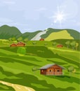Countryside summer green fields Vector flat styles. Rustic provence houses