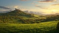 countryside sunset in green hills of spring fields with old castle farm and mountains on background of evening landscape Royalty Free Stock Photo