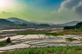 Countryside tarnish framing rice field with small resting huts and mountain background at morning