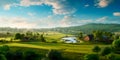 A countryside-themed background with a top view of a serene rural landscape, suitable for getaway destinations