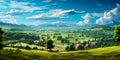 A countryside-themed background with a top view of a serene rural landscape, suitable for getaway destinations