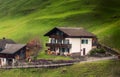 Countryside Valley View of Swiss Alps With Traditional Swiss House at Zermatt City, Switzerland. Rural Scenic and Amazing Nature