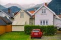 Countryside view of colored wooden buildings. Boathouses in Norway. Scandinavian traditional boat houses. multi-colored garage Royalty Free Stock Photo