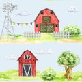 Countryside village elements seamless pattern. Watercolor illustration. Hand drawn red barn, windmill, white fence, oak Royalty Free Stock Photo