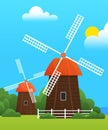 Countryside with windmill, village architecture. Farmyard, ecological farm landscape in spring