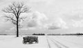 Countryside winter scene of an old wood chuck wagon sitting beside a lone bare tree in winter time Royalty Free Stock Photo