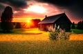 countryside of wooden cabin wildflowers in garden cloudy dramatic sky at sunset