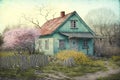 countryside wooden cottage painted with pastel colors of spring illustration generative ai