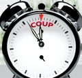 Coup soon, almost there, in short time - a clock symbolizes a reminder that Coup is near, will happen and finish quickly in a