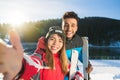 Coupe Ski And Snowboard Resort Taking Selfie Photo Winter Snow Mountain Mix Race Man Woman Royalty Free Stock Photo