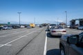 Cars wait in lanes to board the Coupeville to Port Townsend Ferry in Washington State, to