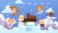 Coupidone kids play perfect music vector illustration. Boy and girl character play piano, harp, tambourine, trumpet and