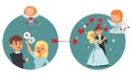 Coupidone kids work result, angel give love quarreling couple vector illustration. Cupid resolve misunderstanding