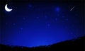 Starry Night sky background with crescent moon and falling star. Royalty Free Stock Photo