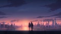 couple admires city skyline, digital art illustration, Generative AI