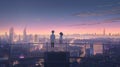 couple admires city skyline, digital art illustration, Generative AI