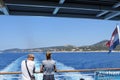 couple admiring the views while riding a Jadrolinija ferry through the Adriatic Sea on the way to the island of Korcula, Croatia. Royalty Free Stock Photo