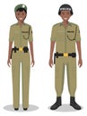 Couple of african policeman and policewoman standing together on white background in flat style. Police USA concept