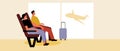 Couple in airport lounge, flat vector stock illustration with waiting room interior and passengers with luggage Royalty Free Stock Photo