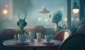 a couple of aliens sitting at a table with cups and saucers in front of them, with a spaceship in the distance behind them