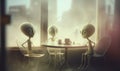 a couple of aliens sitting at a table in front of a window with a cup of coffee in front of them and a cup of coffee in front of