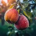 A couple of apples hanging from a tree. Generative AI image.