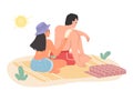 Couple applying sunscreen oil on beach flat vector Royalty Free Stock Photo