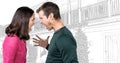 Couple argueing in front of house drawing sketch Royalty Free Stock Photo