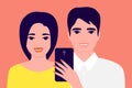 Couple asian man and woman taking selfie together. Hand holding smartphone. Pair photo girl and guy on phone. Couple in Royalty Free Stock Photo