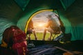 Couple asian travel camping together in forest, Happy and relax