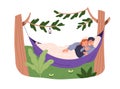 Couple asleep in hammock between trees in nature. Happy man and woman sleeping relaxing outdoors, hugging, embracing on Royalty Free Stock Photo