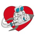 Couple of astronauts flying on a rocket together. Love, romance, relationship. Cartoon illustration. Sign, poster, badge, sticker