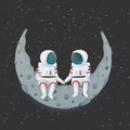 Couple of astronauts sitting on a crescent moon holding hands. Love, romance, relationship, friendship. Cartoon illustration. Sign Royalty Free Stock Photo