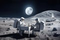Couple of astronauts sitting at table and eating in the moon. Generative AI