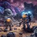 A couple of astronauts standing on top of a rocky surface. Generative AI image.