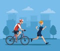 Couple athletes in bicycle and running characters