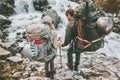 Couple backpackers friends hiking in mountains Royalty Free Stock Photo