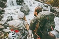 Couple backpackers hiking in mountains together love and Travel Royalty Free Stock Photo