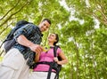 Couple in backpacks looking at compass