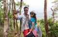 Couple With Backpacks Take Selfie Photo Over Mountain Landscape Trekking, Young Man And Woman On Hike Tourists Royalty Free Stock Photo