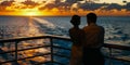 Couple on balcony watching red sky at sunset over ocean