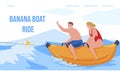 Couple banana boat ride landing page vector flat summer leisure beach sport recreation activity Royalty Free Stock Photo