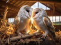 Couple of Barn Owls grooming each other