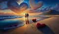 Couple on beach, heart balloons, sunset, Valentine's theme, romance, sandy shore, love, picturesque mountain Royalty Free Stock Photo