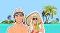 Couple Beach Man Woman In Hat, Girl Sunglasses Drink Cocktail Sea Shore Tropical Summer Vacation Royalty Free Stock Photo