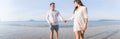 Couple On Beach Summer Vacation, Beautiful Young Happy People In Love Walking, Man Woman Smile Holding Hands Royalty Free Stock Photo