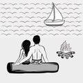 Couple on the beach. Summer vacation. Man and woman silhouettes, sea, sailing boat, sand and fire with burning logs Royalty Free Stock Photo