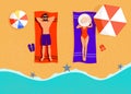 Couple on the beach top view. Man and Woman sunbathing on towels on a beach. Summer Time Vector Royalty Free Stock Photo